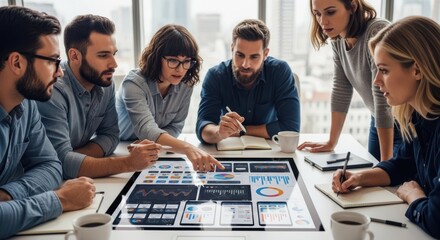 Team meeting in office with interactive screen displaying digital information. Modern team meeting with colleagues gathered for collaboration and information analysis,