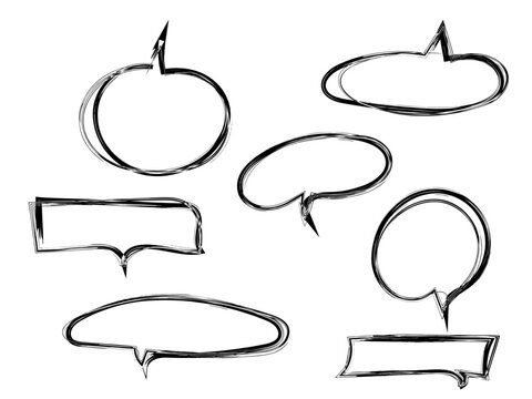Conjunto de bocadillos de di&aacute;logo en blanco con estilo de boceto a mano alzada en fondo blanco, ideal para dise&ntilde;o gr&aacute;fico, c&oacute;mics o ilustraciones creativas