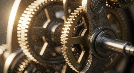Close-up of clockwork gears showcases mechanical intricacy and precision engineering. Watch gears interlock, ensuring accuracy in timekeeping, reflecting mechanical design and function.