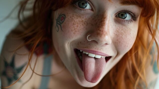 A woman with bright red hair sticks out her tongue in a playful gesture