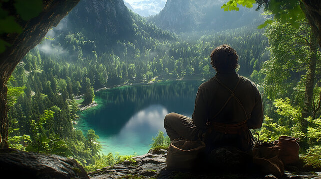 Contemplative Figure Overlooking Emerald Lake Surrounded by Verd