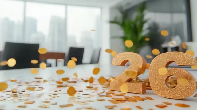 Celebration of The year 2026: The numbers 2026 are the focal point, complemented by an office setting where scattered confetti of gold enhances the festive mood.