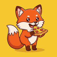 A cute, smiling cartoon fox is happily eating a large slice of pepperoni pizza.


