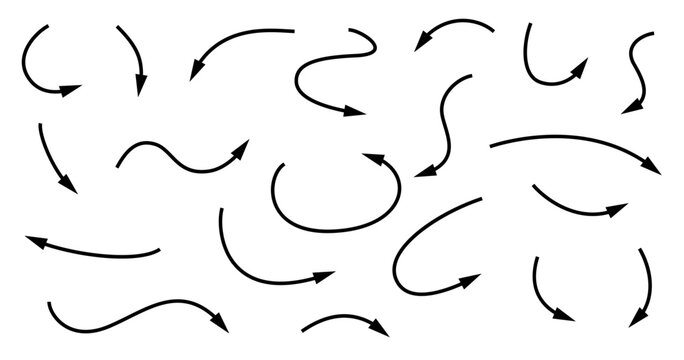 Thin line arrows set. Curvy and wavy arrow isolated