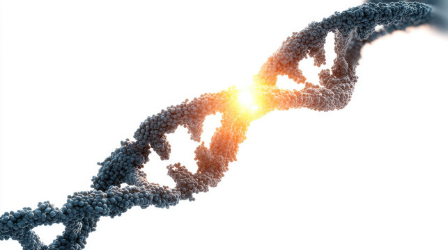 Discovery, A minimalist illustration of a DNA strand with a sudden point of bright illumination, symbolizing a breakthrough. 