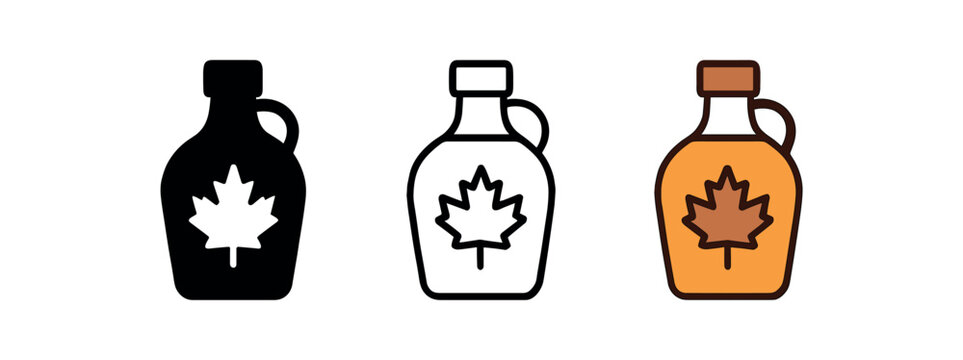 maple syrup bottle icon on white background Black silhouette flat icon outline icon and colored icon style. 1x3 grid. three minimal vector icon style