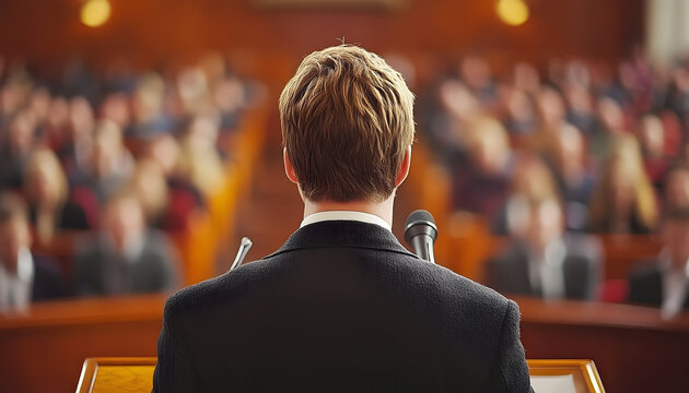 Speaker at podium addressing a large audience in a hall