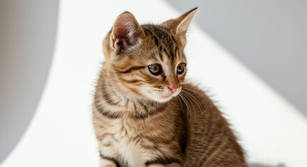 Cute Brown Tabby Cat Kitten with Striped Fur Sitting in Bright Studio Light