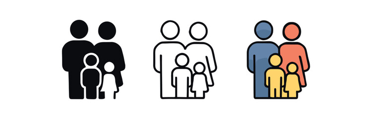 family silhouette icon on white background Black silhouette flat icon outline icon and colored icon style. 1x3 grid. three minimal vector icon style.centered composition clear white space