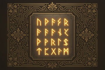 A digital illustration blending medieval mysticism with futuristic design — glowing orange runes inscribed on a metallic panel surrounded by symmetrical circuit patterns and ornate floral ornaments. 