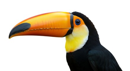 Fototapeta premium Colorful Toucan Bird with Large Orange Beak and Black Feathers in Closeup