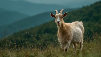 Fototapeta premium Goat stands on a grassy hillside with rolling hills in the background.