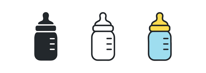 baby bottle icon on white background Black silhouette flat icon outline icon and colored icon style. 1x3 grid. three minimal vector icon style.centered composition clear white space around