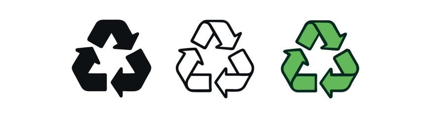 Obraz premium local recycling icon on white background Black silhouette flat icon outline icon and colored icon style. 1x3 grid. three minimal vector icon style.centered composition clear white space