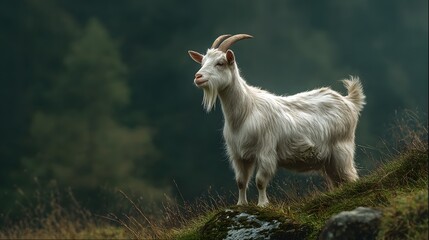 Obraz premium White goat stands on a grassy hill with a dark forest background.
