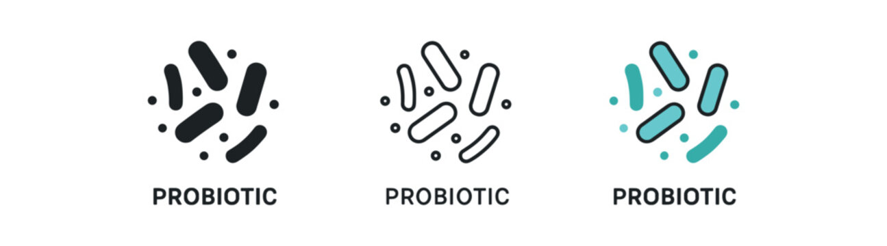 probiotic icon on white background Black silhouette flat icon outline icon and colored icon style. 1x3 grid. three minimal vector icon style.centered composition clear white space around