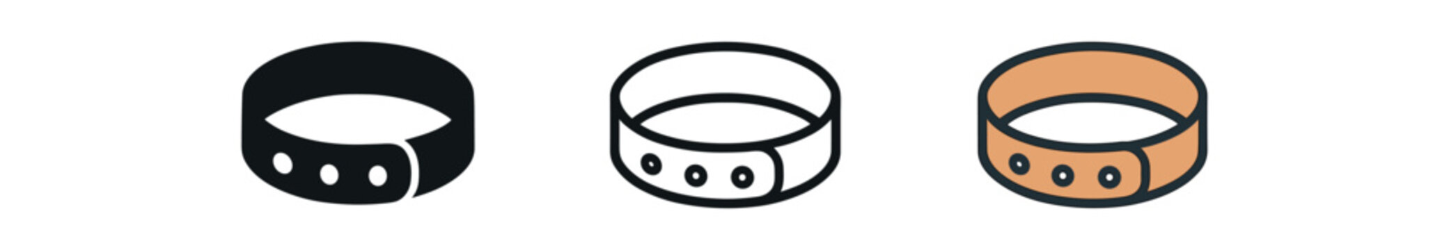 bracelet wrist band icon on white background Black silhouette flat icon outline icon and colored icon style. 1x3 grid. three minimal vector icon style.centered composition clear white space