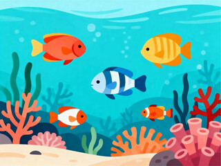 Obraz premium Underwater scene with fish and coral viewed from a distance in a vibrant ocean environment