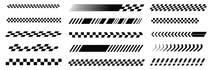 Racing Car Stripes and Checkered Patterns Set with Finish Line Graphics, Motocross Labels, Dynamic Lines, Motorsport Racing Cars, Sport Decals, Speed Stripes, and Vehicle Tuning Stickers