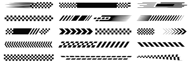 Racing Car Stripes and Checkered Patterns Set with Finish Line Graphics, Motocross Labels, Dynamic Lines, Motorsport Racing Cars, Sport Decals, Speed Stripes, and Vehicle Tuning Stickers