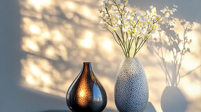 A pair of decorative vases placed on a tabletop surface