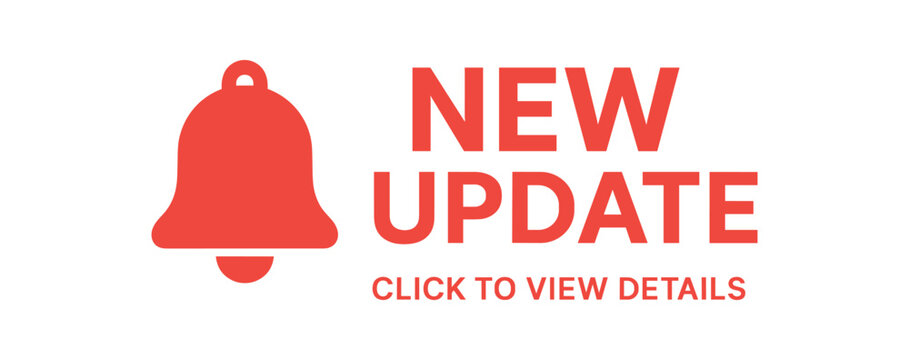 Flat vector banner on white.Large headline 'NEW UPDATE' small subtext 'CLICK TO VIEW DETAILS' below bell icon on left.Bright red primary clean geometry balanced spacing modern ad style
