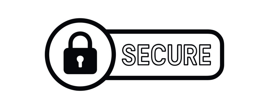 Black silhouette flat icon and outline icon style. Modern safety certification label design. Circular black icon on the left with simple flat pictogram of lock. From the circle extends