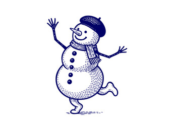 Snowman hand drawn simple engraved vector illustration