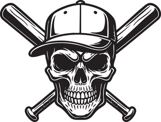 Skull Baseball Logo with Crossed Bats and Cap