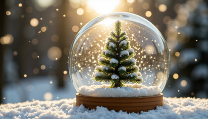 Snow globe scene with miniature Christmas tree and falling snow in modern style  
