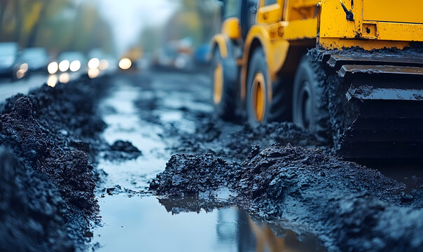 Muddy Road Construction with Yellow Bulldozer and Blurred Car Li