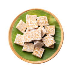 Sliced tempeh made from fermented soybeans, Traditional Indonesian food, Healthy vegan and plant based ingredients	