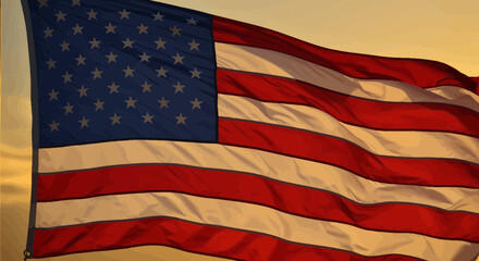 Obraz premium A majestic American flag waving proudly against a golden sunset backdrop