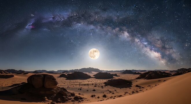 A stunning desert night sky panorama featuring a brilliant, full moon illuminating the sand dunes and rock formations beneath the spectacular, arcing band of the Milky Way.

 - Powered by Adobe