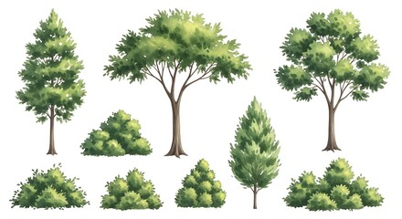 Varied Tree and Bush Collection Watercolor Style Natural Plant Set