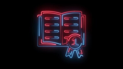 Glowing neon open book with first place award ribbon on black background