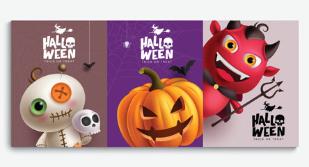 Halloween characters vector poster set design. Happy Halloween greeting card collection with scarecrow, devil, monster, mummy and pumpkin characters collection. Vector illustration party invitation