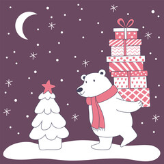  A cute polar bear in a pink scarf carries a tall stack of beautifully wrapped Christmas presents beside a small snowy tree under falling snow for greeting cards, posters, and seasonal prints.