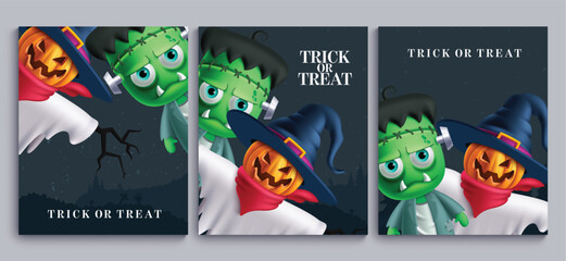 Halloween characters vector poster set design. Happy Halloween trick or treat greeting text with zombie and scare crow characters in full moon night scary collection. Vector illustration horror party 