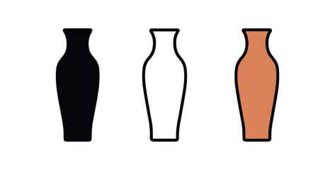 ceramic vase tall icon on white background Black silhouette flat icon outline icon and colored icon style. 1x3 grid. three minimal vector icon style