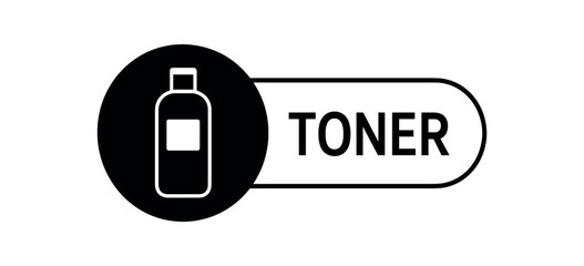 Black silhouette flat icon and outline icon style. Modern cosmetic label design. Circular black icon on the left with simple flat pictogram of toner bottle. From the circle extends rounded