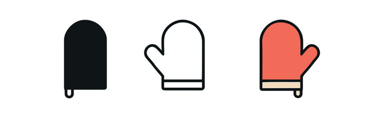 oven mitt icon on white background Black silhouette flat icon outline icon and colored icon style. 1x3 grid. three minimal vector icon style.centered composition clear white space around