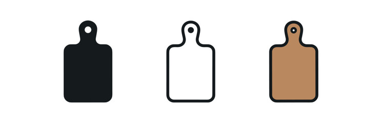 cutting board icon on white background Black silhouette flat icon outline icon and colored icon style. 1x3 grid. three minimal vector icon style.centered composition clear white space