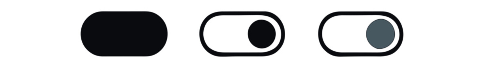 toggle switch icon on white background Black silhouette flat icon outline icon and colored icon style. 1x3 grid. three minimal vector icon style.centered composition clear white space