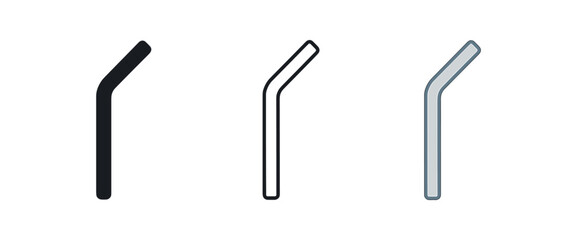 metal straw icon on white background Black silhouette flat icon outline icon and colored icon style. 1x3 grid. three minimal vector icon style.centered composition clear white space around