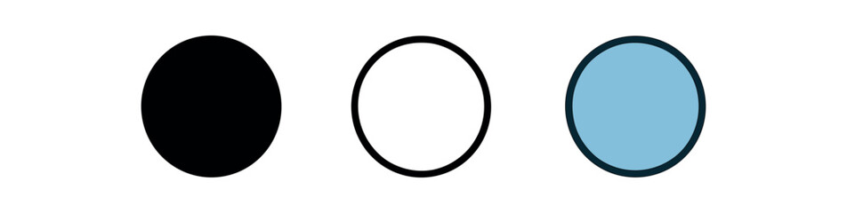 circle icon on white background Black silhouette flat icon outline icon and colored icon style. 1x3 grid. three minimal vector icon style.centered composition clear white space around equal