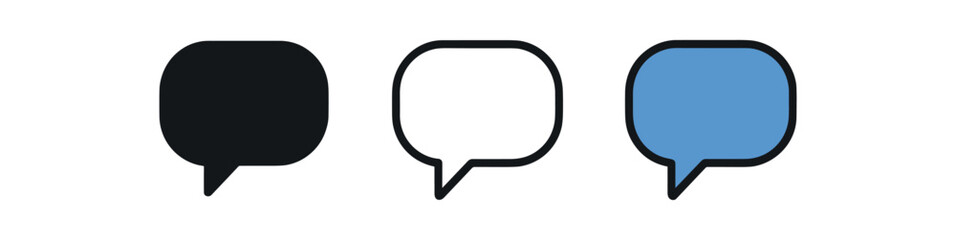 message bubble icon on white background Black silhouette flat icon outline icon and colored icon style. 1x3 grid. three minimal vector icon style.centered composition clear white space