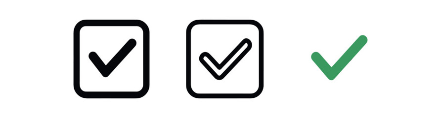 checkbox icon on white background Black silhouette flat icon outline icon and colored icon style. 1x3 grid. three minimal vector icon style.centered composition clear white space around