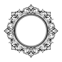 Ornate Floral Baroque Circular Frame Engraving Vector Illustration