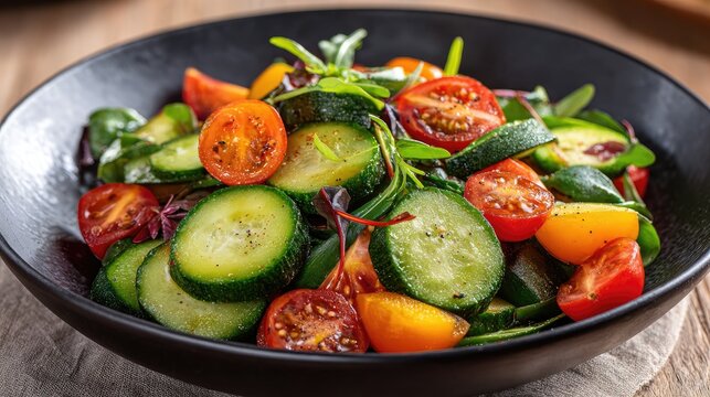 Fresh salad with sliced cucumbers and tomatoes in a black bowl.